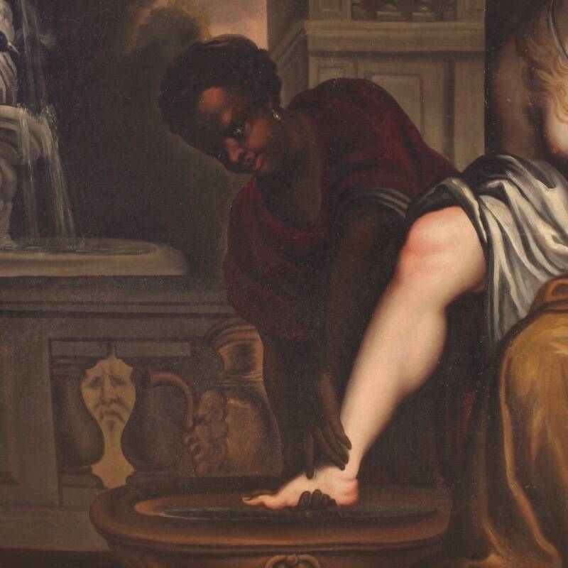 Monumental 18th century Italian painting, Bathsheba at her bath