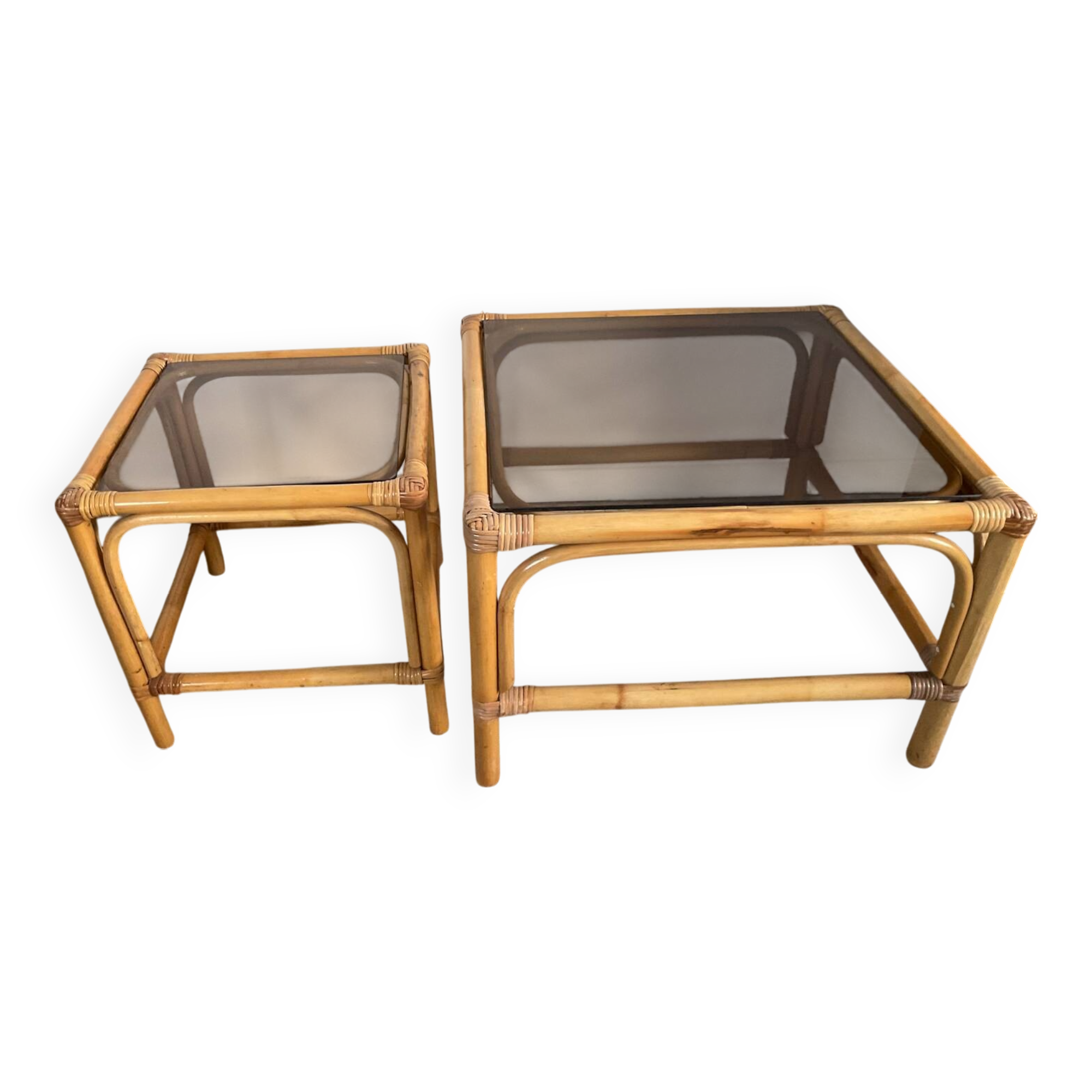 Duo of vintage rattan coffee tables from the 60s-70s