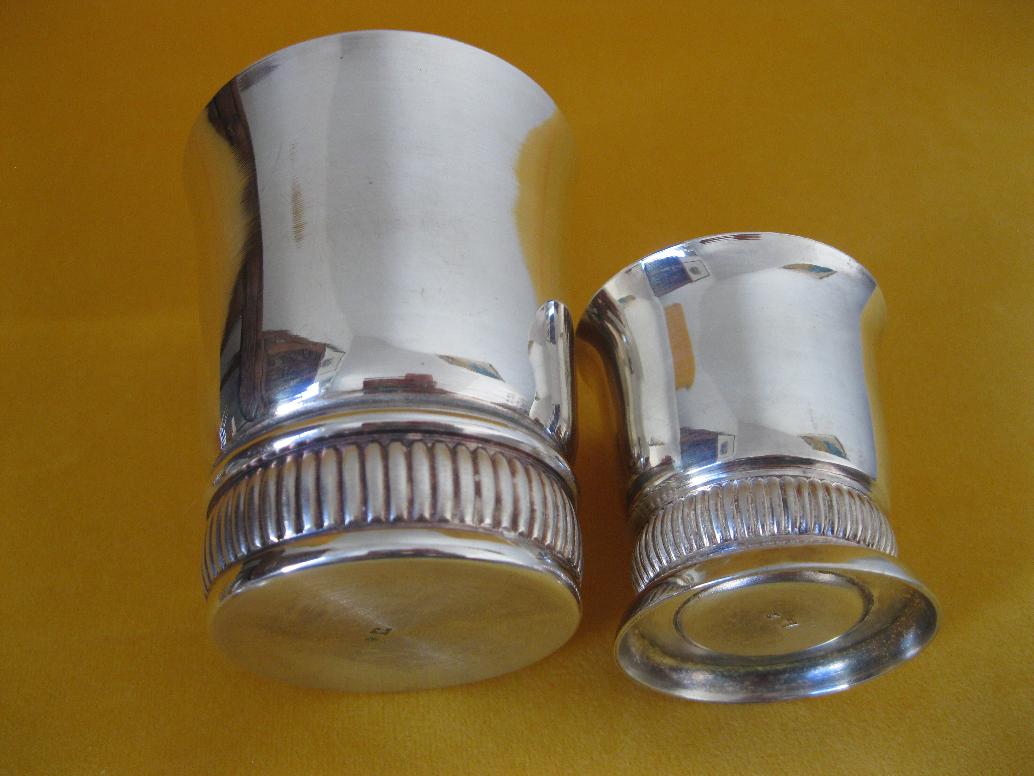 Duo of small silver metal timpani