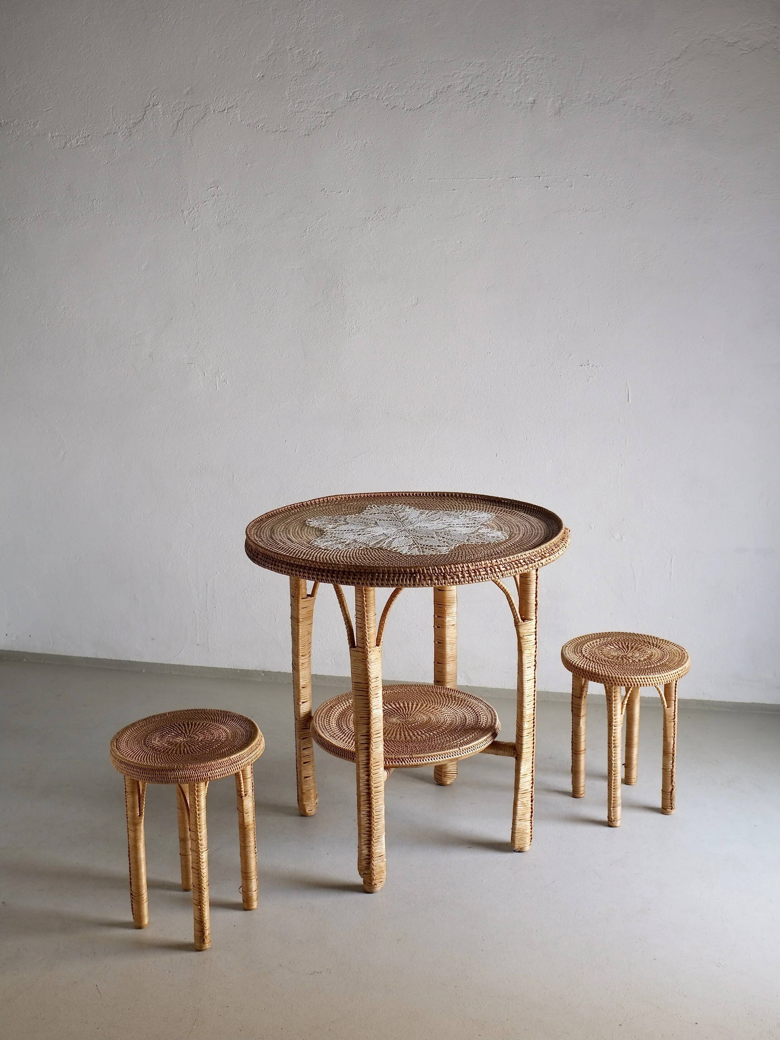 Vintage woven wicker table set | 1980s