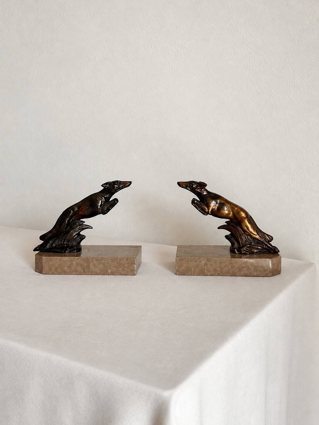 Marble and bronze metal bookends, Art Deco, greyhound, bookshelf.
