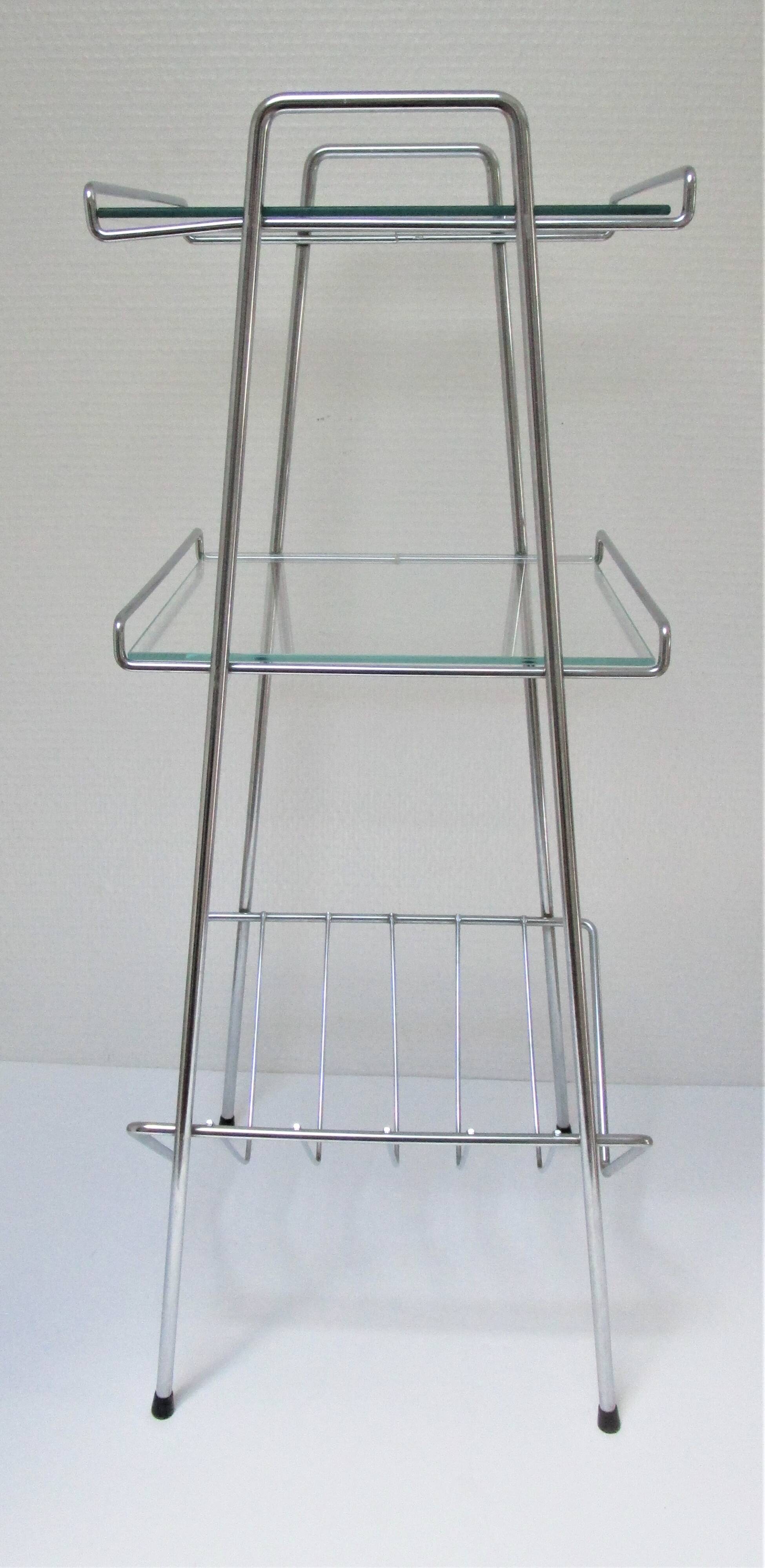 Chrome metal glass saddle shelf magazine rack 70s