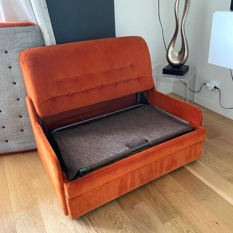 Orange corduroy convertible armchair, 1970s