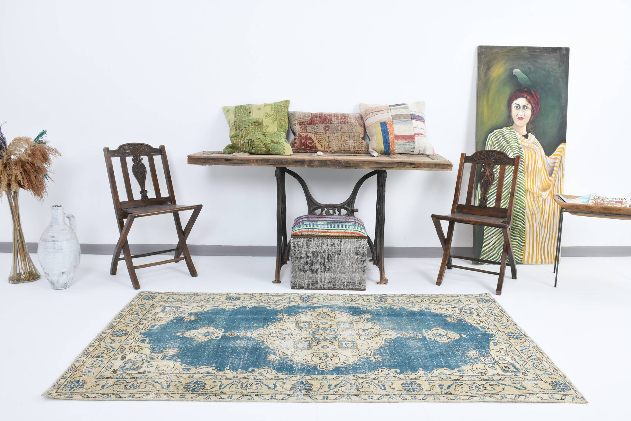 4x7 Rustic Blue & Beige Handmade Persian Rug, 112x212Cm SK 17715