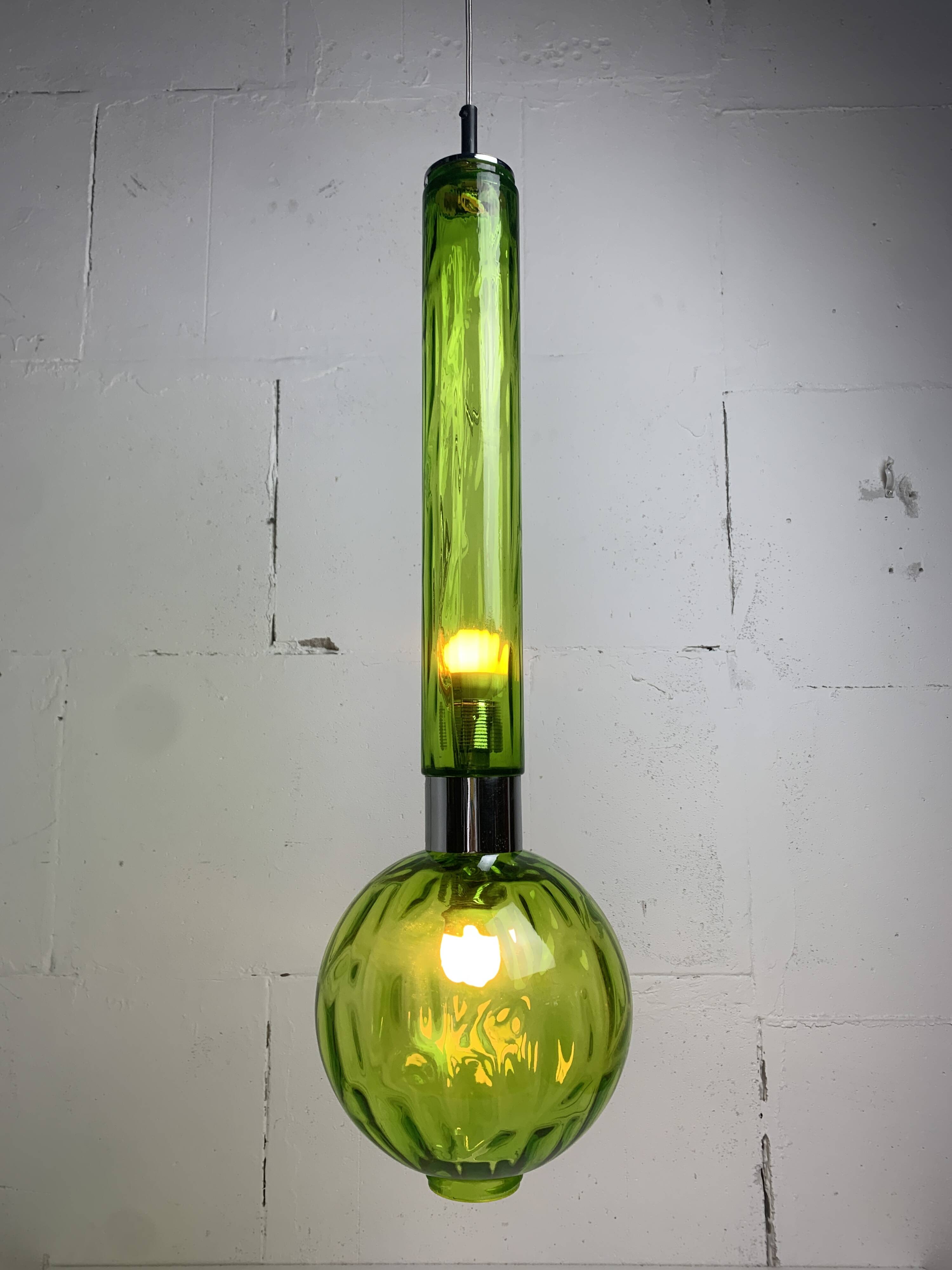 Midcentury extra large green glass tube pendant, Staff Leuchten 1960s-1970s