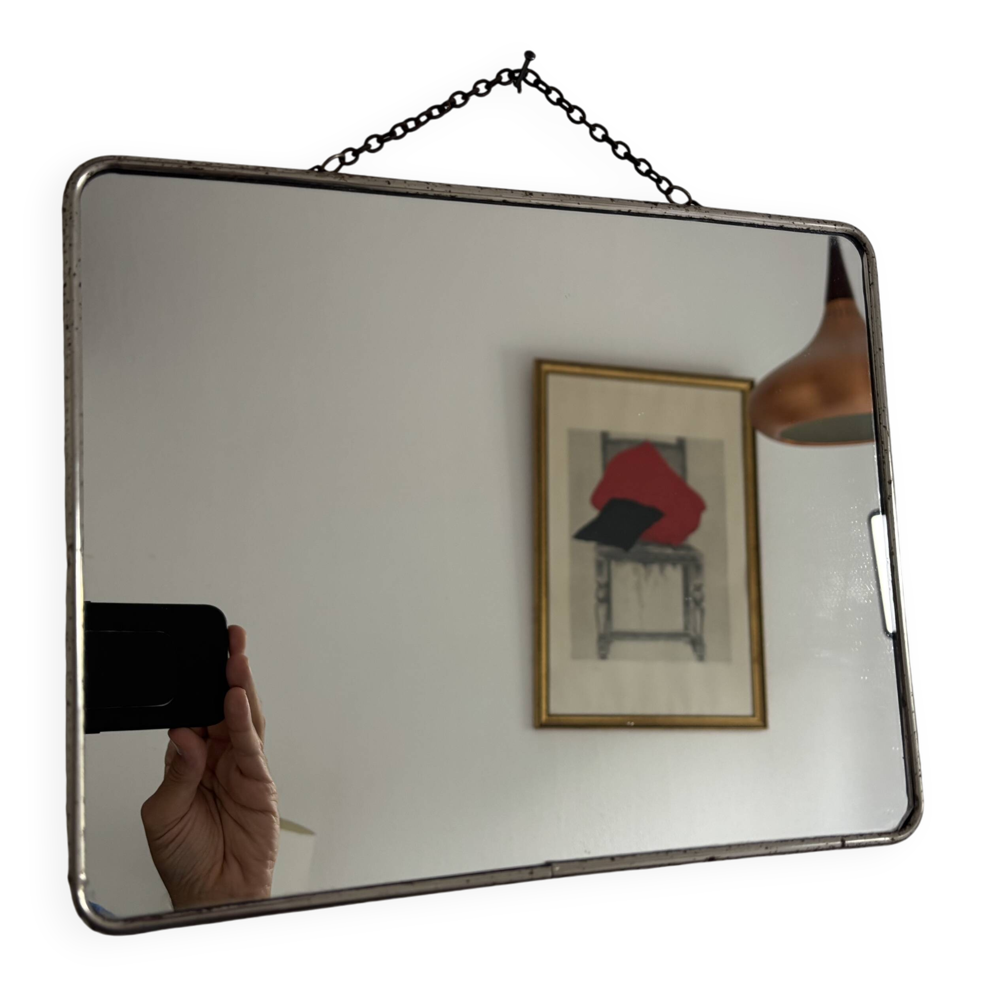 Miroir vintage 1960 barbier coiffeur carton chainette - 29 x 23 cm