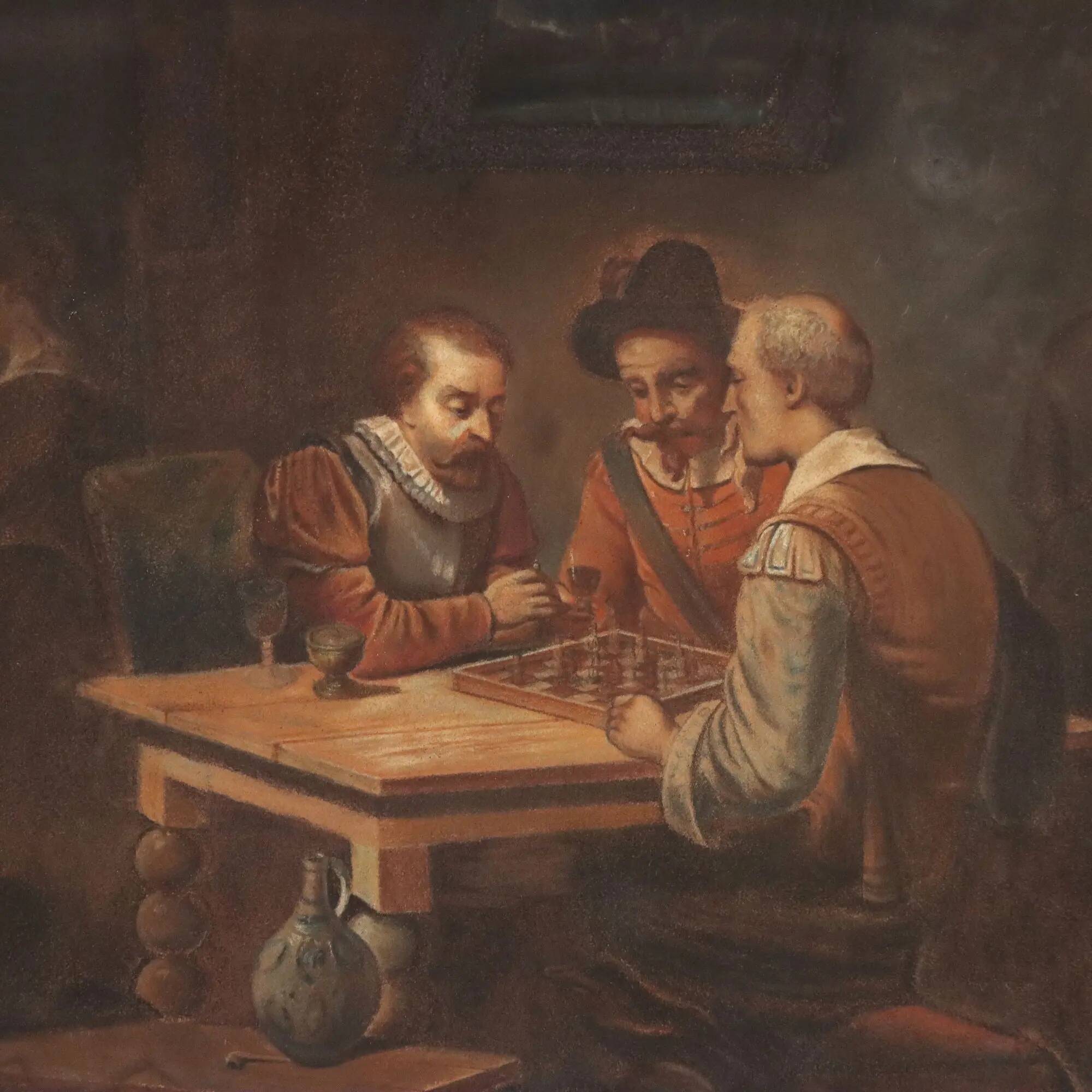 Old painting "The Chess Players" in pencil on paper, 19th century.