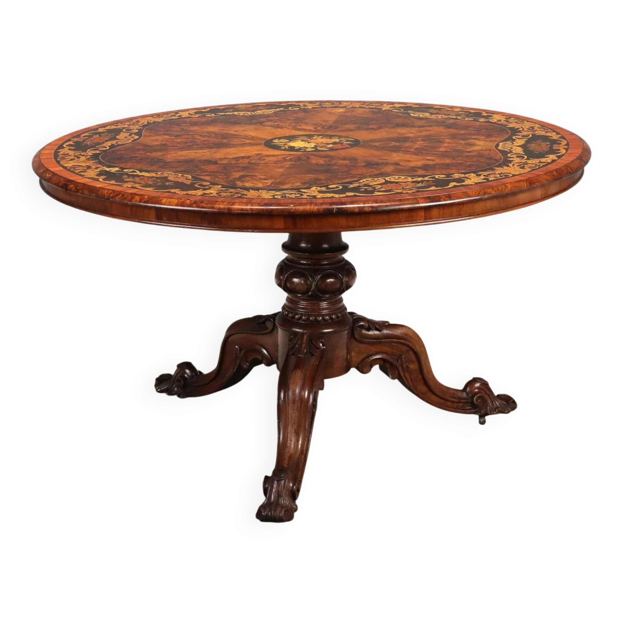 Antique walnut and rosewood table with floral inlays, Netherlands, 19th century.