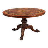 Table ancienne en noyer et bois de rose avec incrustations florales, Pays-Bas, XIXe siècle