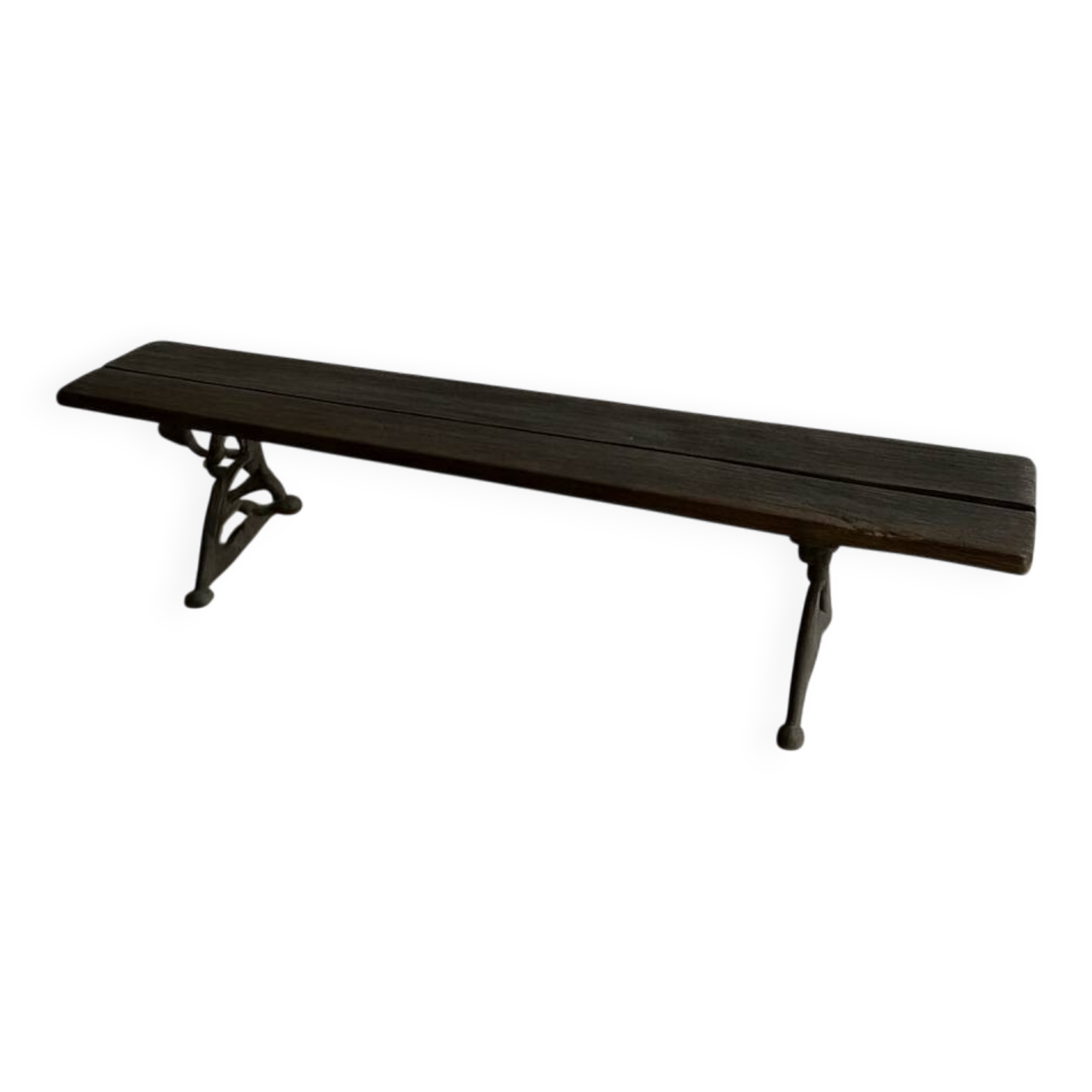 Dark brown wood and black cast-iron antique garden bench with weathered solid-wood seat