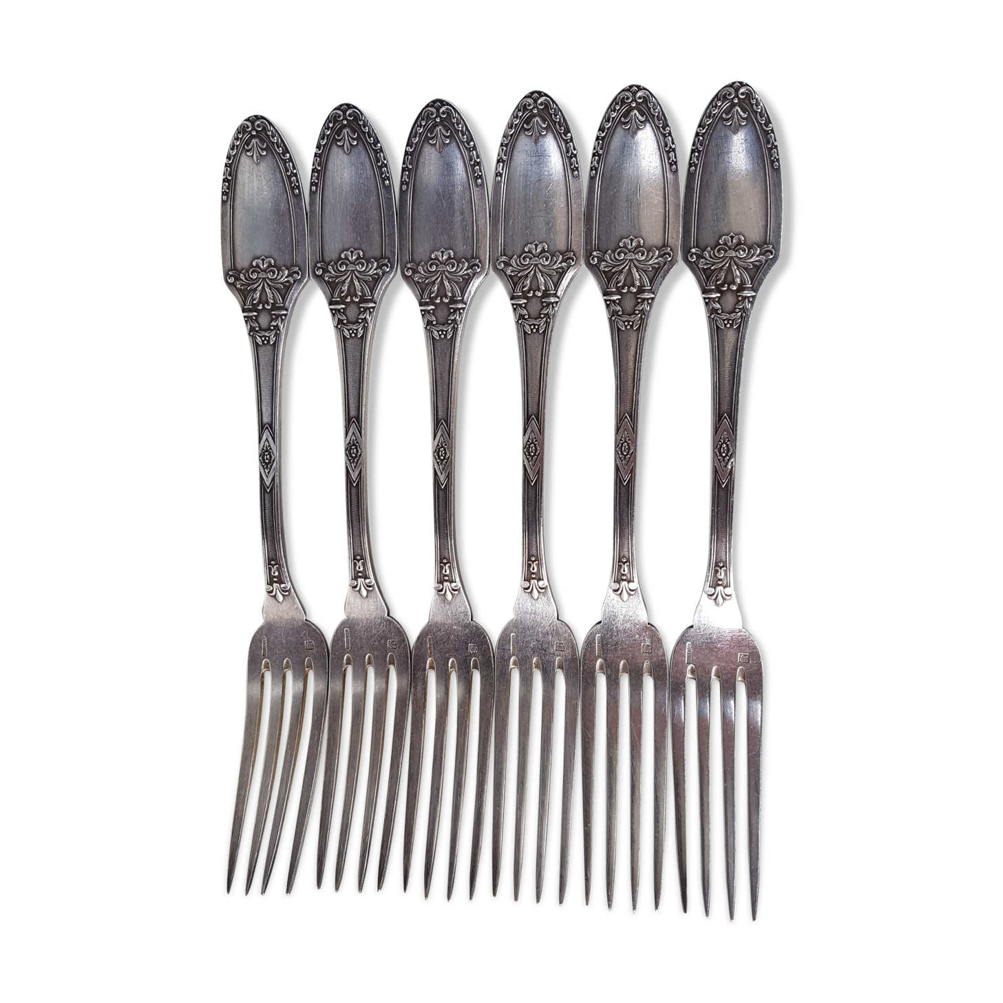 6 silver metal table forks by Boulenger, early 20th century