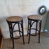 Pair of canned bar stools, curved wood