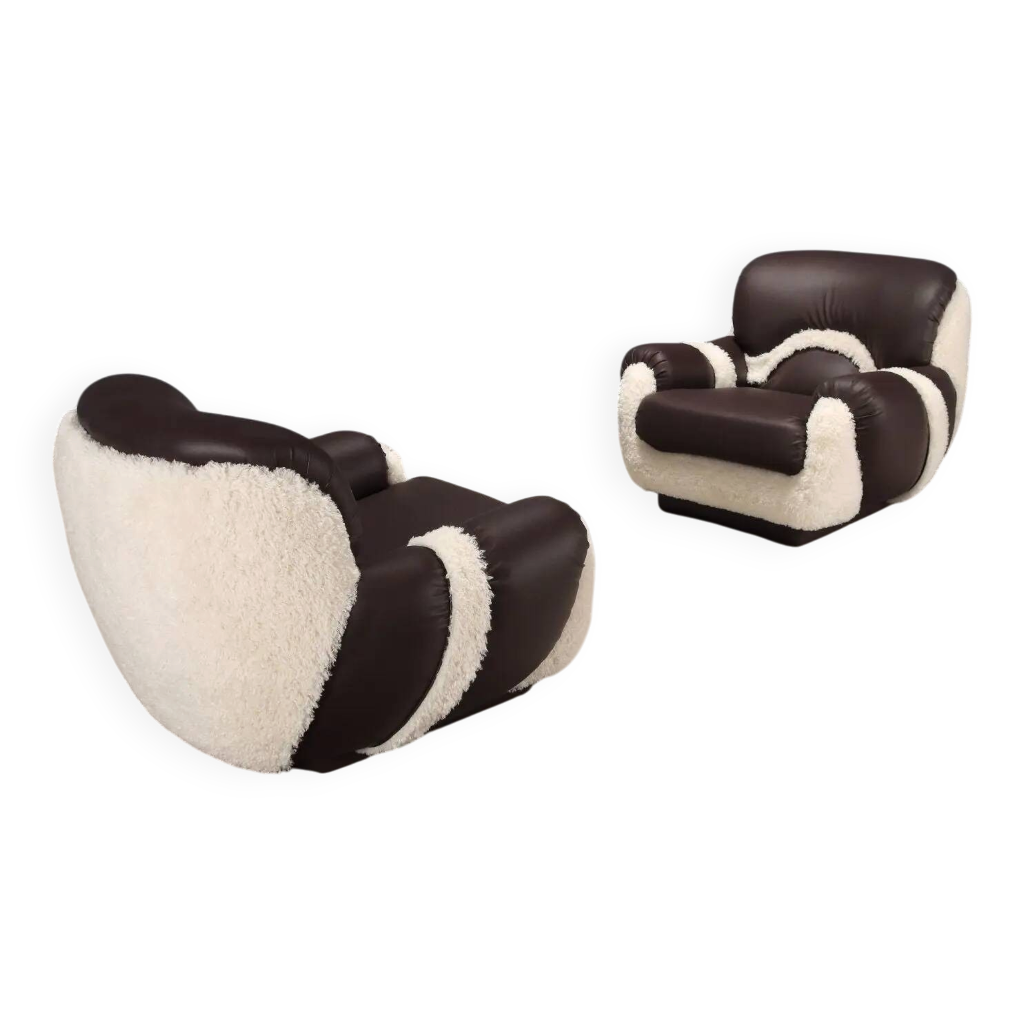 Pair of vintage armchairs in faux leather, foam, design, Italy, 1970s