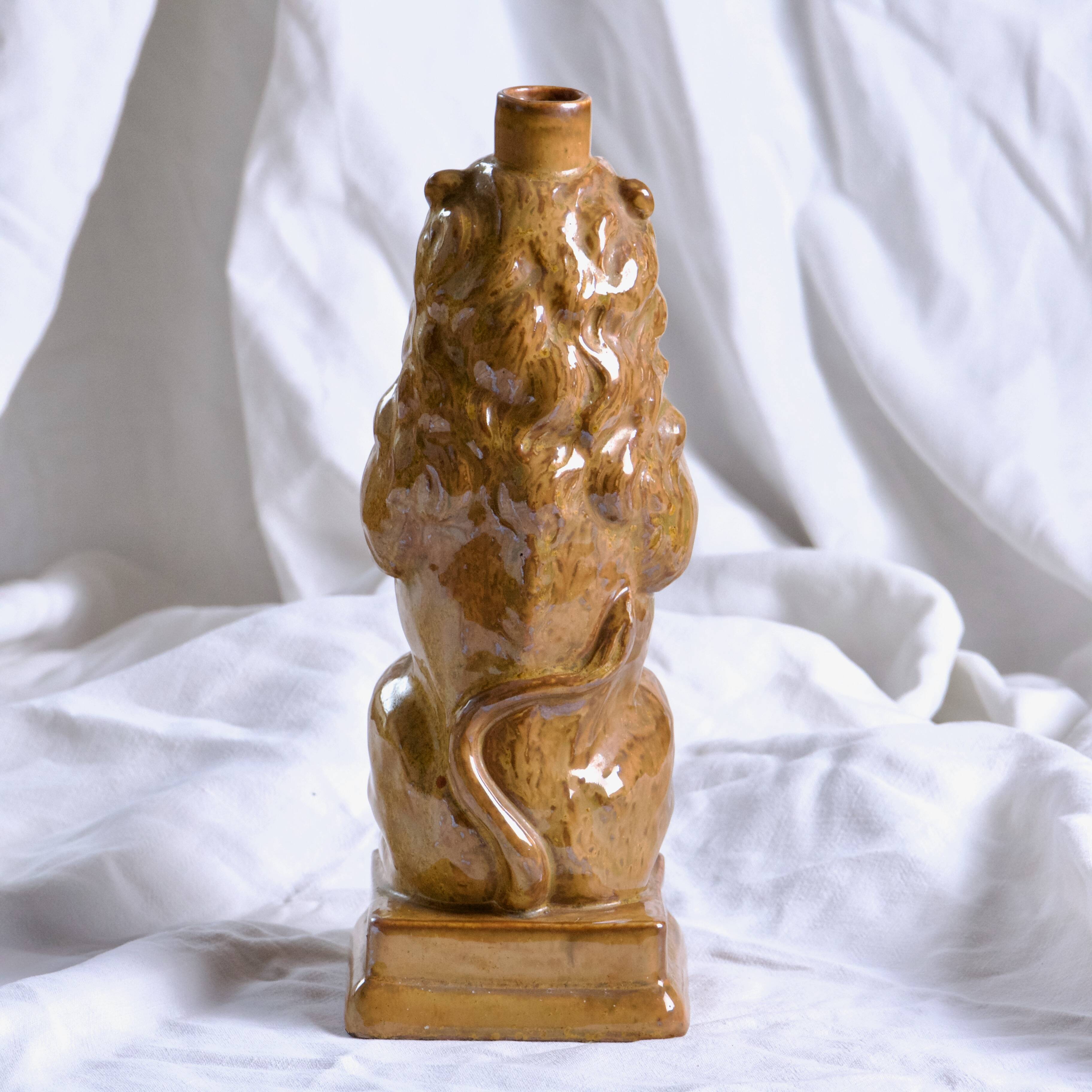 Vase - Antique zoomorphic lion bottle in enamelled stoneware signed Gps