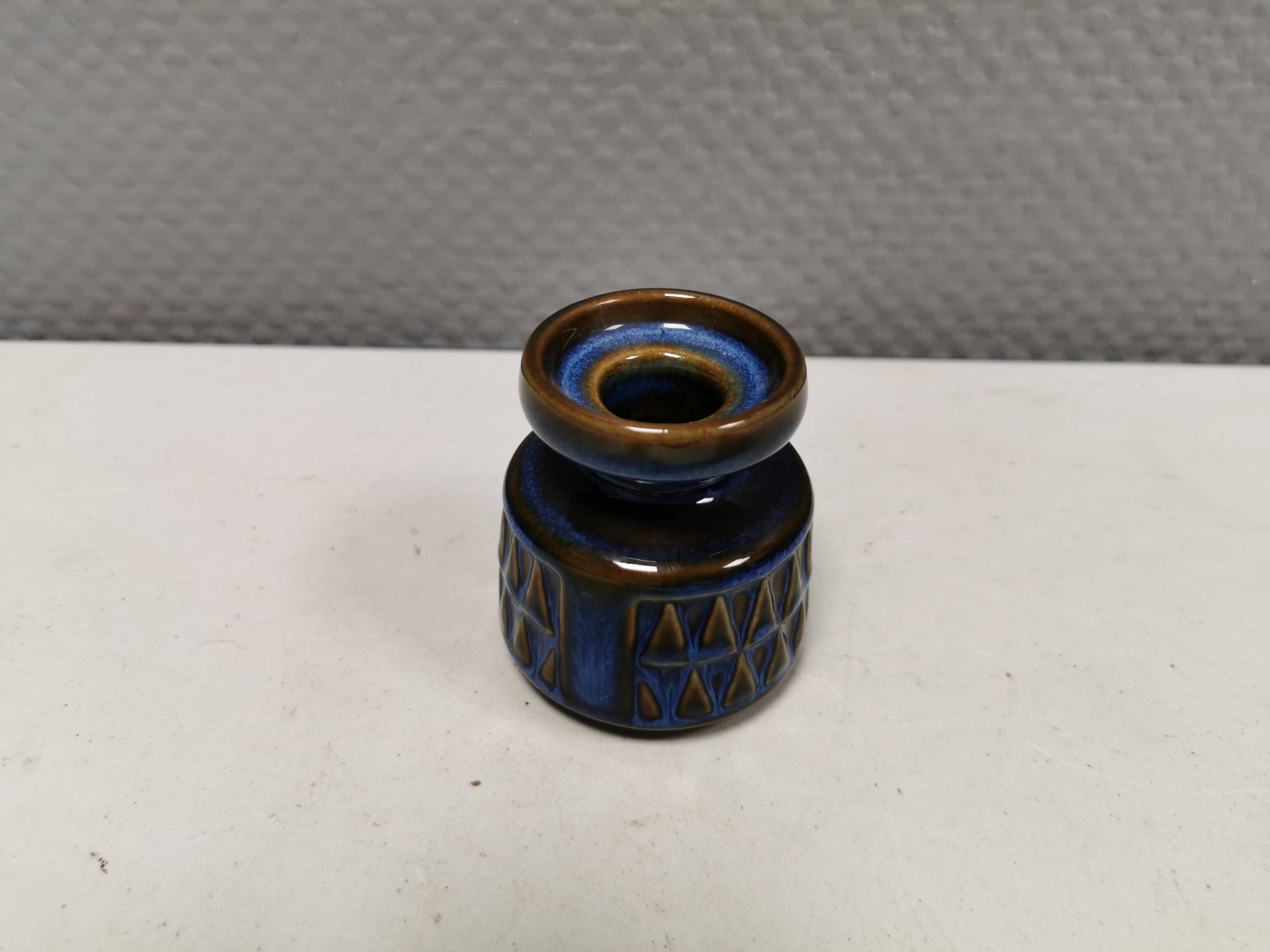 Small candle holder in blue glaze from Danish Søholm 1970s.