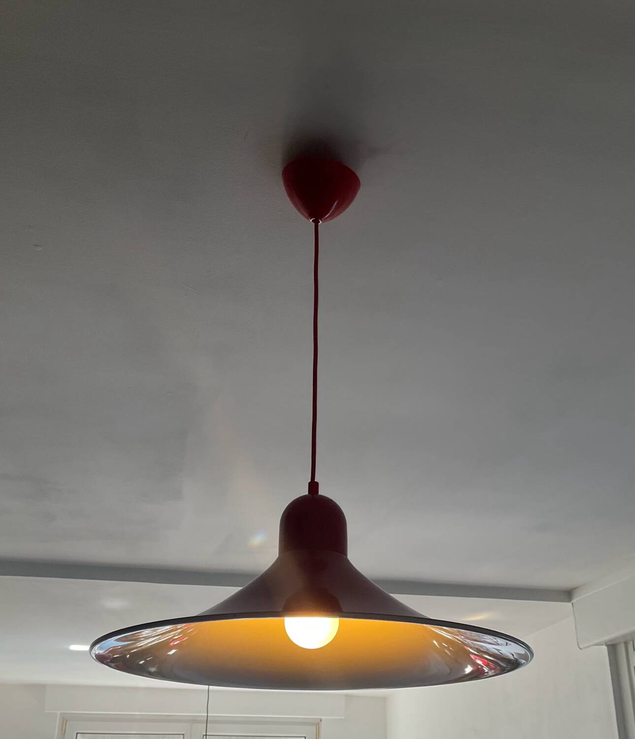 Space Age red metal saucer pendant light from the 70s-80s