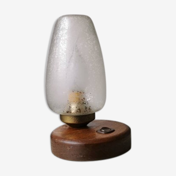 Lampe de table vintage en bois avec abat-jour en verre, années 80