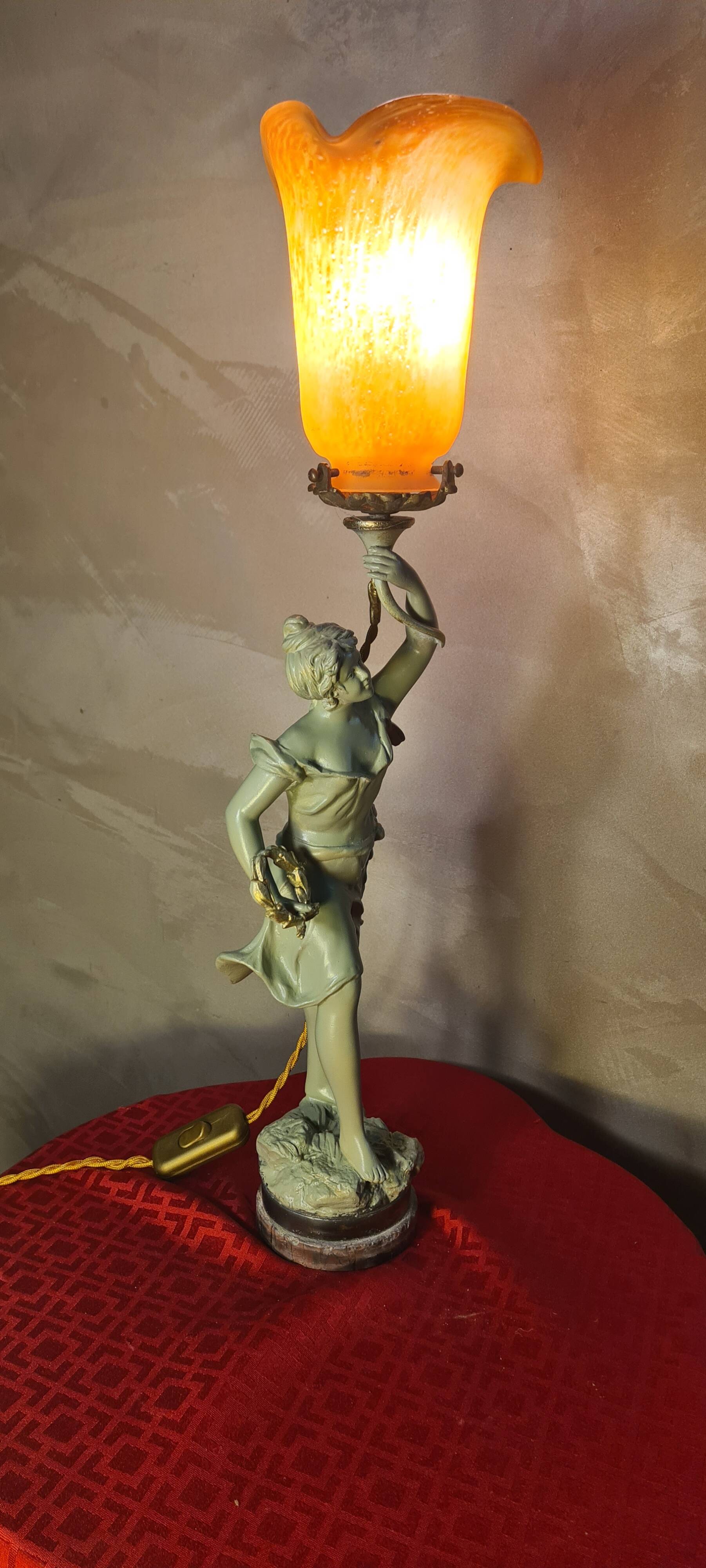 1900 brass lamp with glass paste tulip signed tief, 56x15
