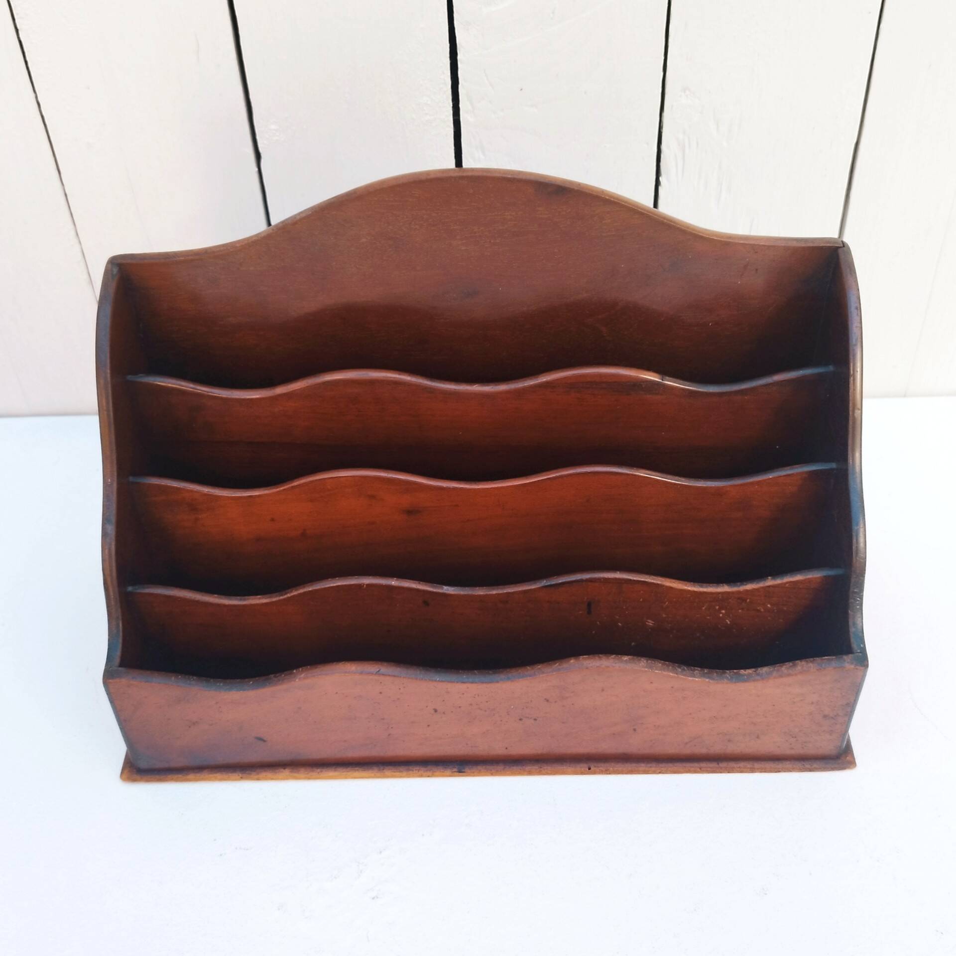 Varnished wooden letter holder vintage office accessory