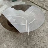 Oval smoked grey glass coffee table with white metal legs - 1990s vintage style.