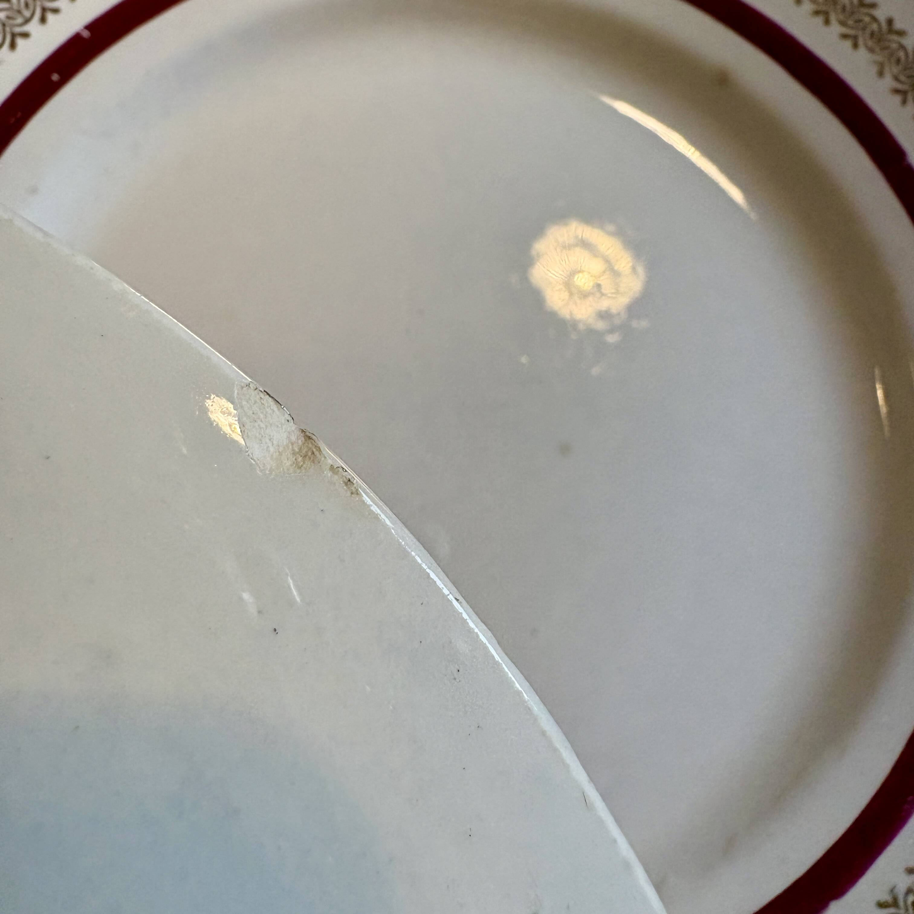 Set of 12 antique Gien red and gold dinner plates.