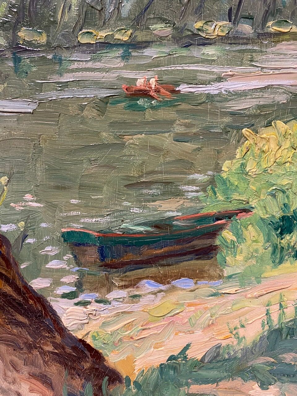 Tableau ancien, paysage, bord de rivière, années 50/60