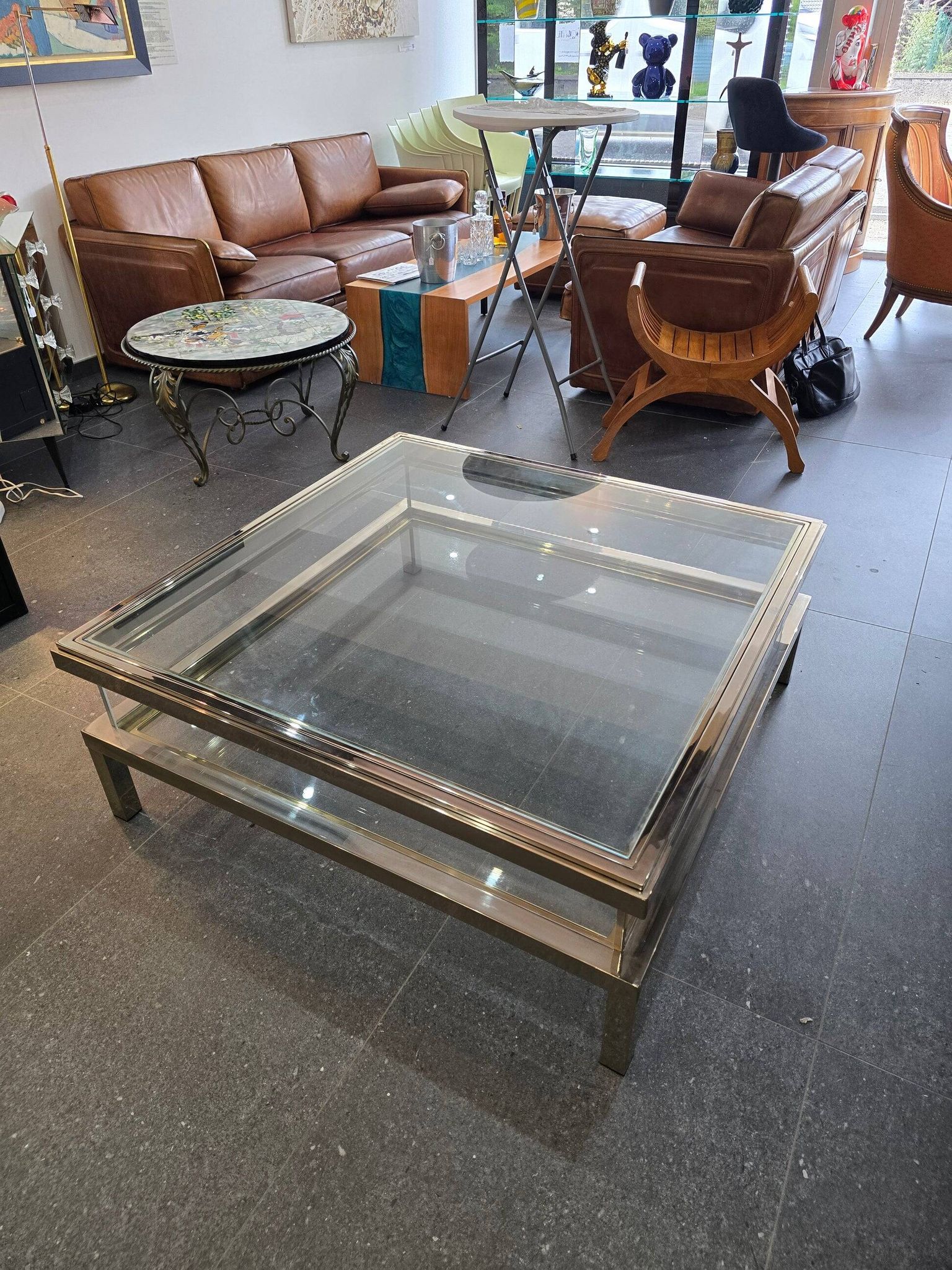Sliding top coffee table – 70s design – chrome & glass – 108 cm
