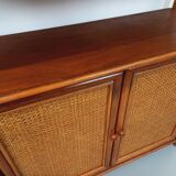 Large vintage rattan, wood and cane bookcase from the 70s