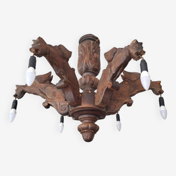 Grand lustre vintage en bois massif sculpté, luminaire gothique médiéval