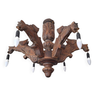 Large vintage chandelier in carved solid wood, medieval gothic lighting