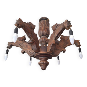 Grand lustre vintage en bois massif sculpté, luminaire gothique médiéval