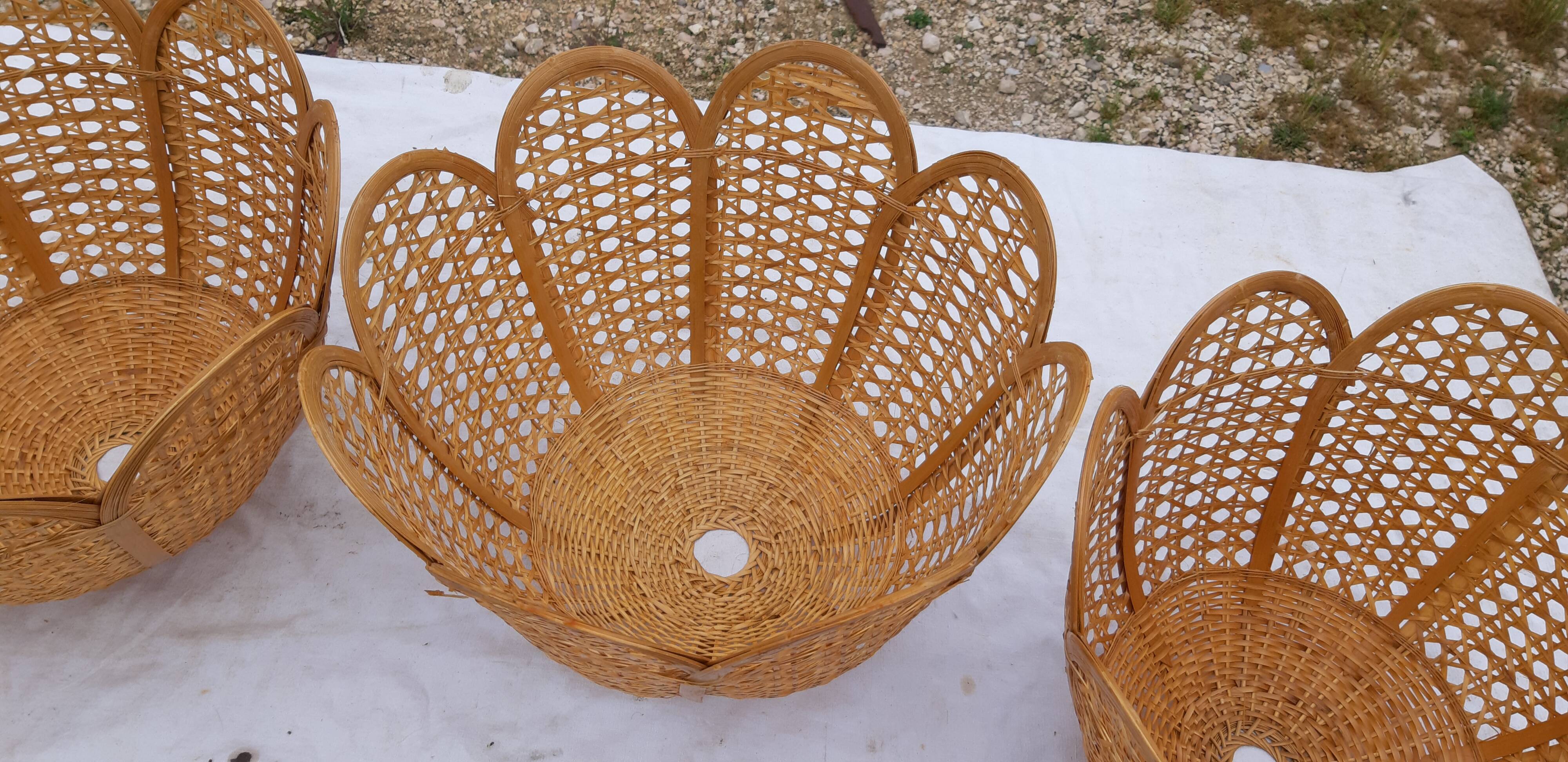 Set of 4 vintage wicker pendant lamps