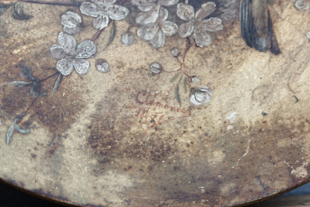 Bird dish, painted sheet metal, signed