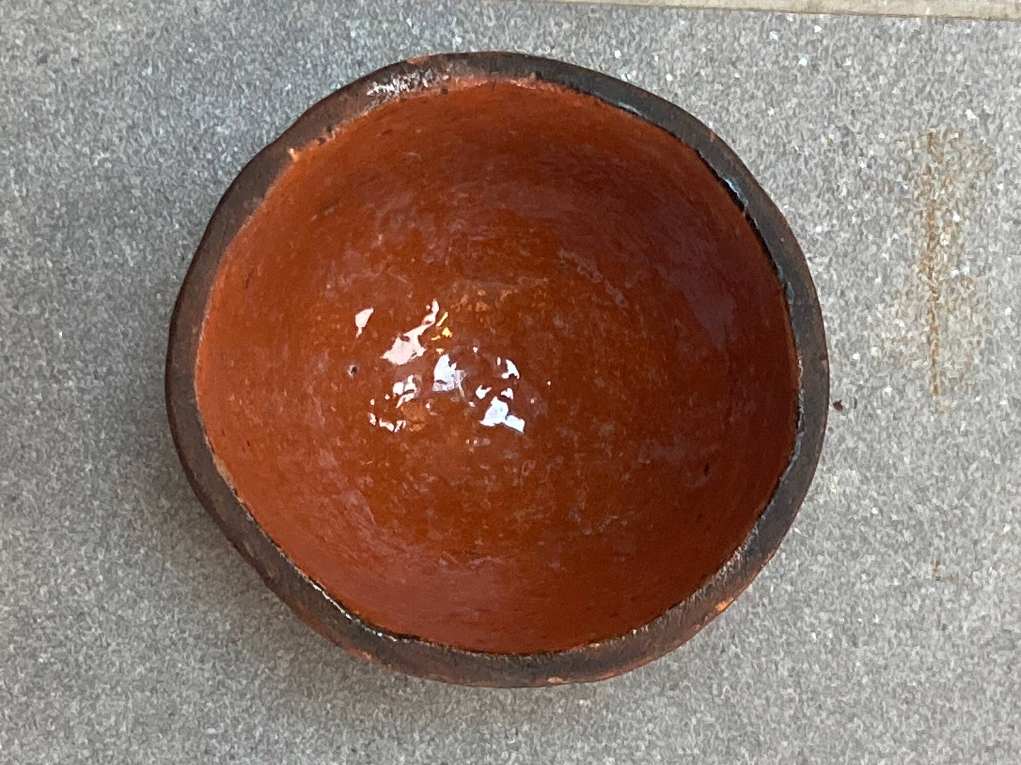 Earthenware bowl, glazed inside, raw outside, monogram EL