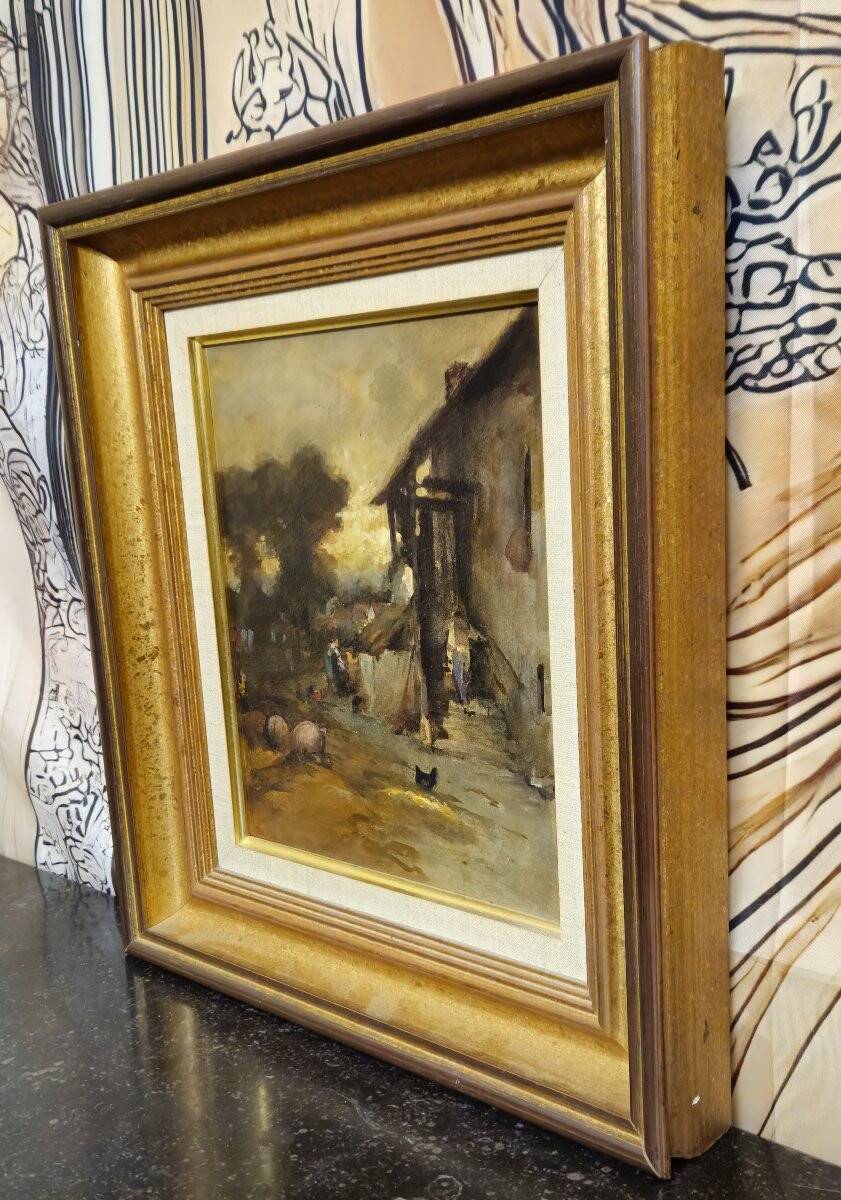 French school – Animated farm scene – Oil on panel