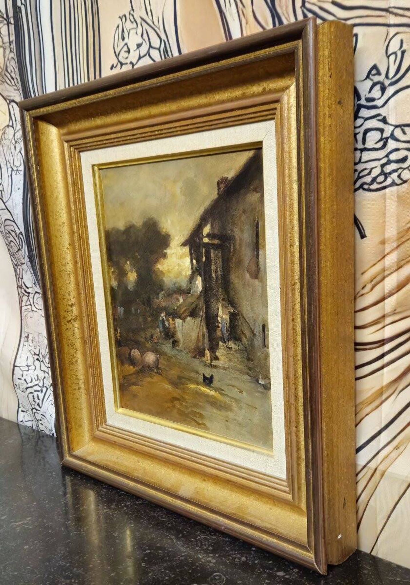 École française – Scène de ferme animée – Huile sur panneau