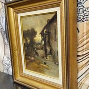 École française – Scène de ferme animée – Huile sur panneau
