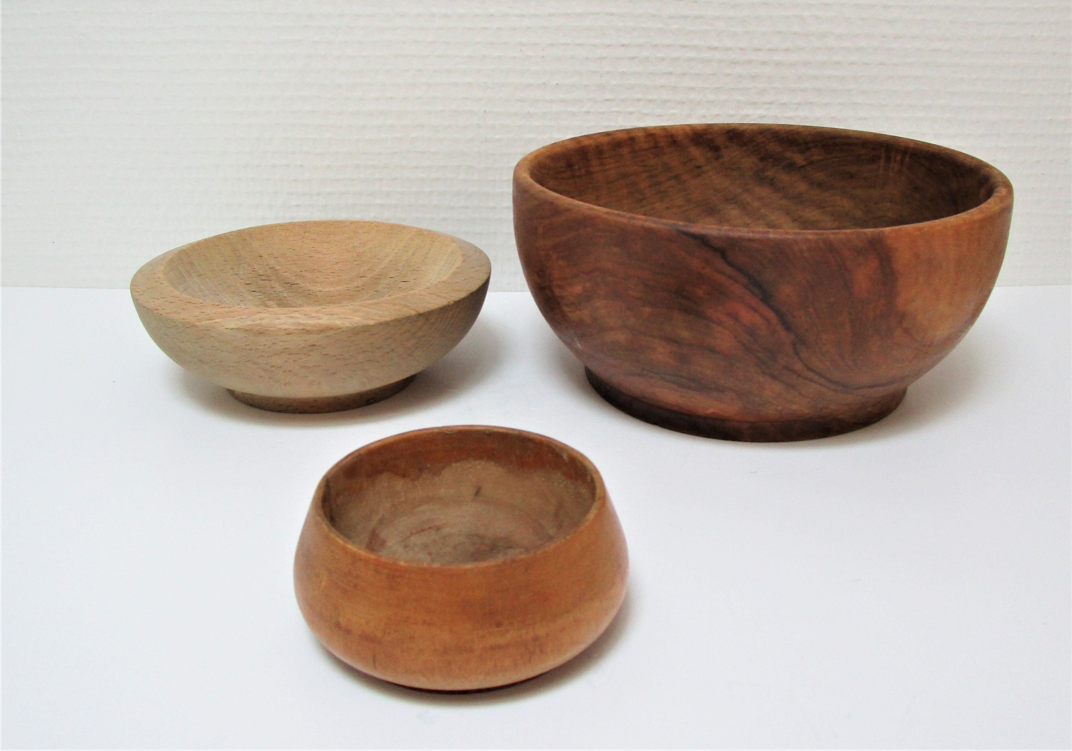 Three bowls solid wood turned patinated vintage