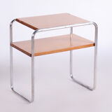Table d’appoint Bauhaus restaurée, chêne, acier chromé, Tchéquie, années 1930