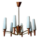 Scandinavian mid-century chandelier, teak, brass, opaline glass, 8 arms, 1950-1960.