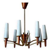 Scandinavian mid-century chandelier, teak, brass, opaline glass, 8 arms, 1950-1960.