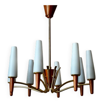 Lustre scandinave mid-century teck laiton verre opalin 8 bras 1950-1960