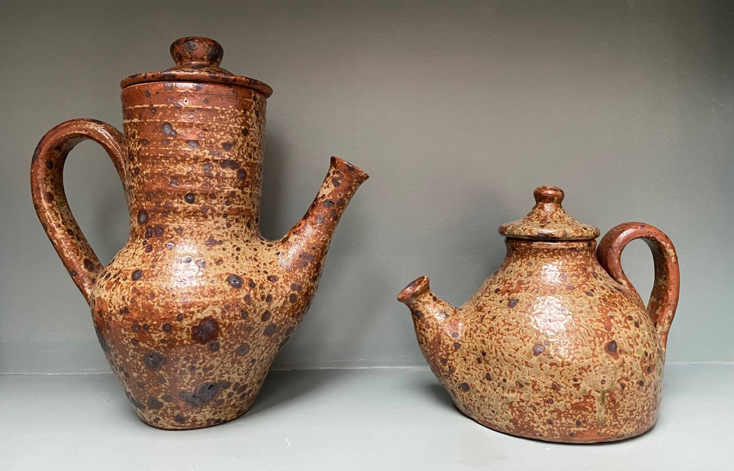 Pair of vintage brutalist ceramic teapots from the 1970s.