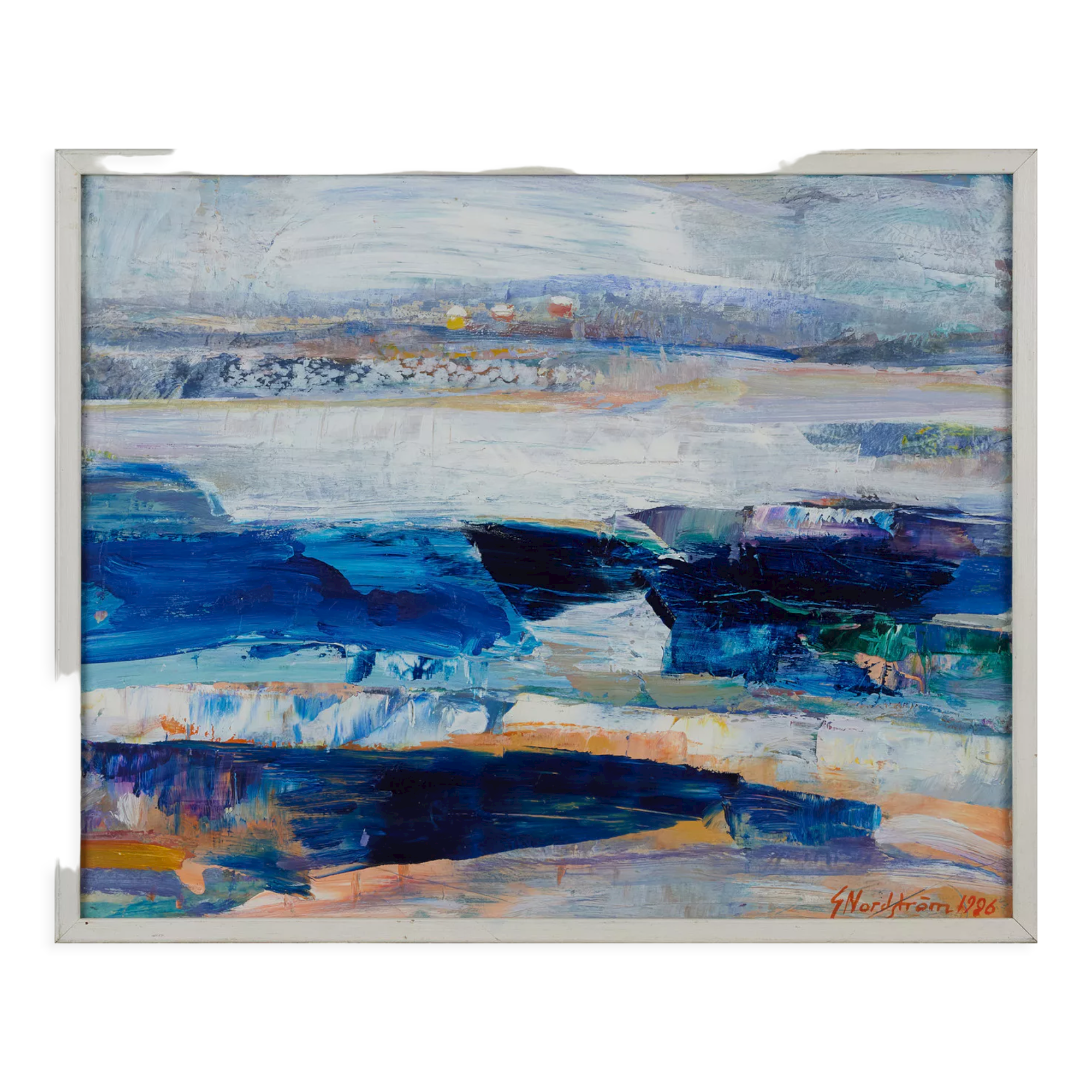 1995 Modern "Winter Blue" Swedish Abstract Modernist Landscape Oil Painting, Framed