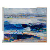 1995 Modern "Winter Blue" Swedish Abstract Modernist Landscape Oil Painting, Framed