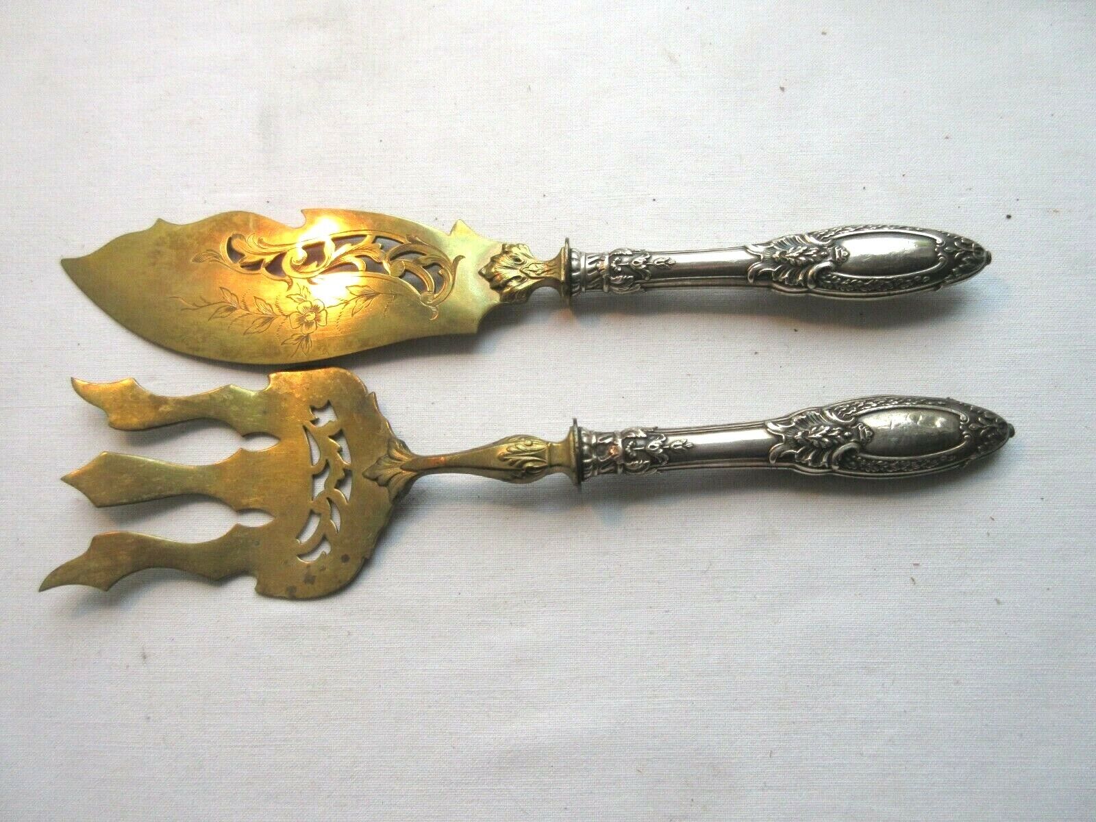 Fish cutlery in case, engraved, chiseled, silver and gilded metal