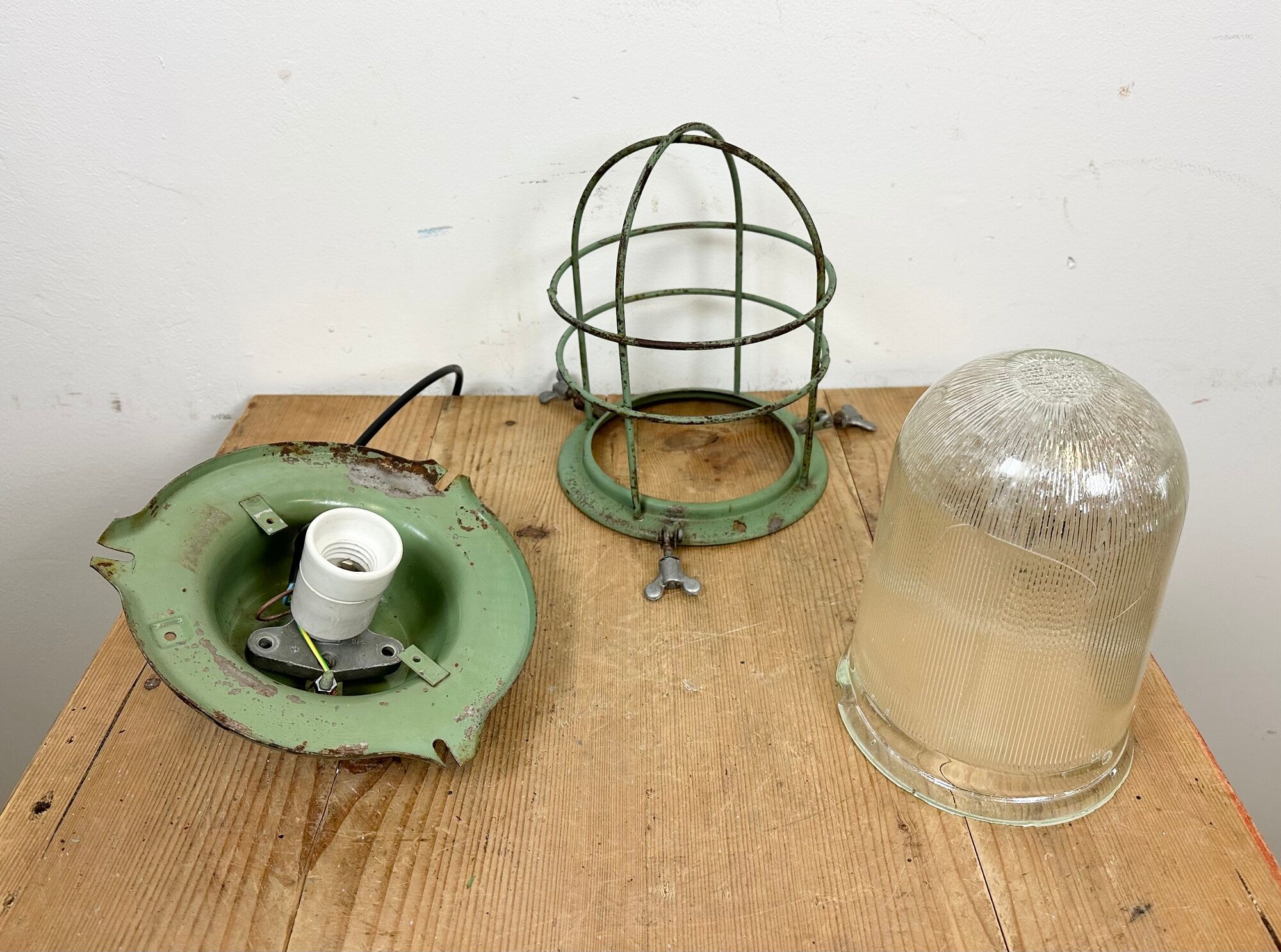 Green Industrial Soviet Bunker Pendant Light with Iron Grid, 1960s