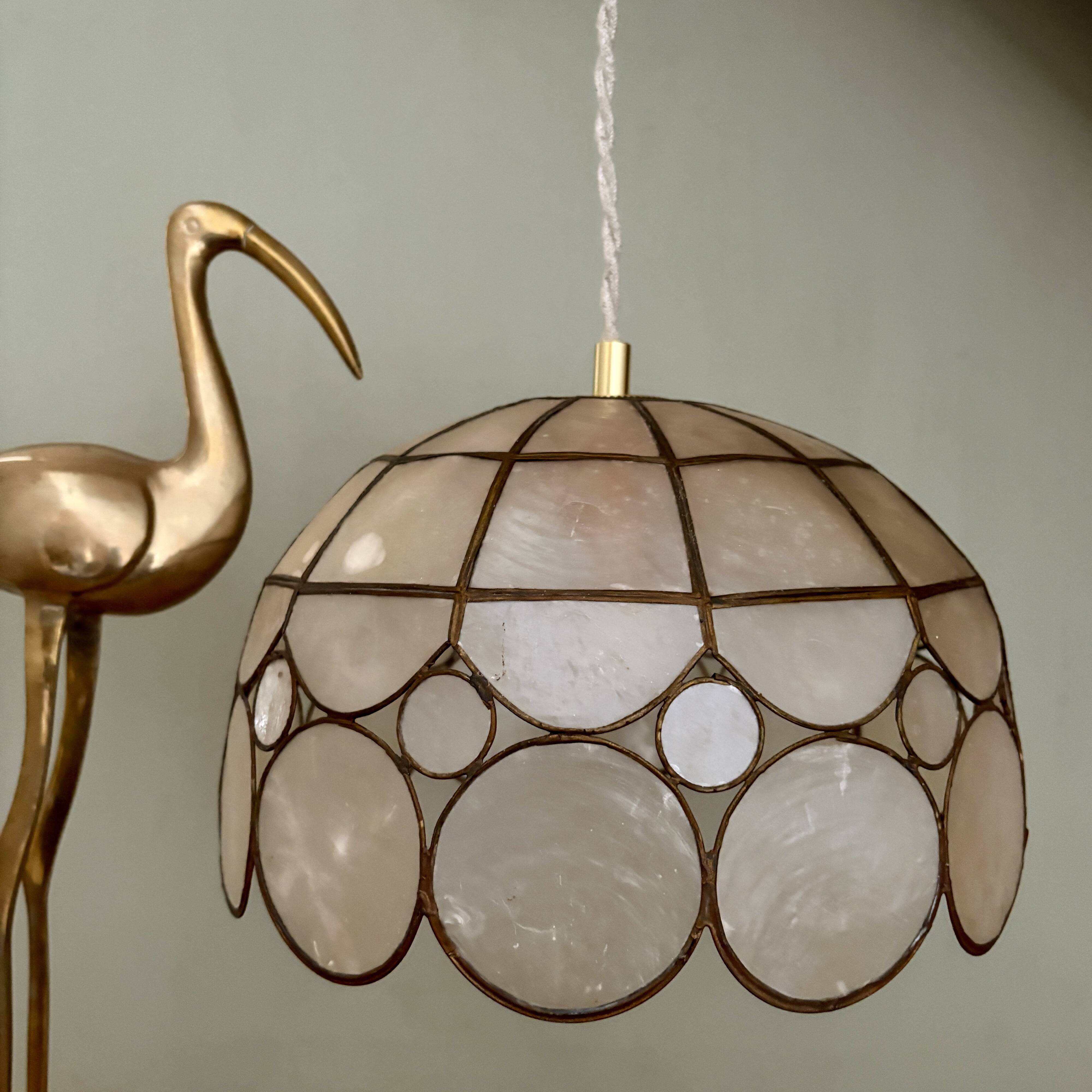 Vintage mother-of-pearl and brass lampshade pendant light