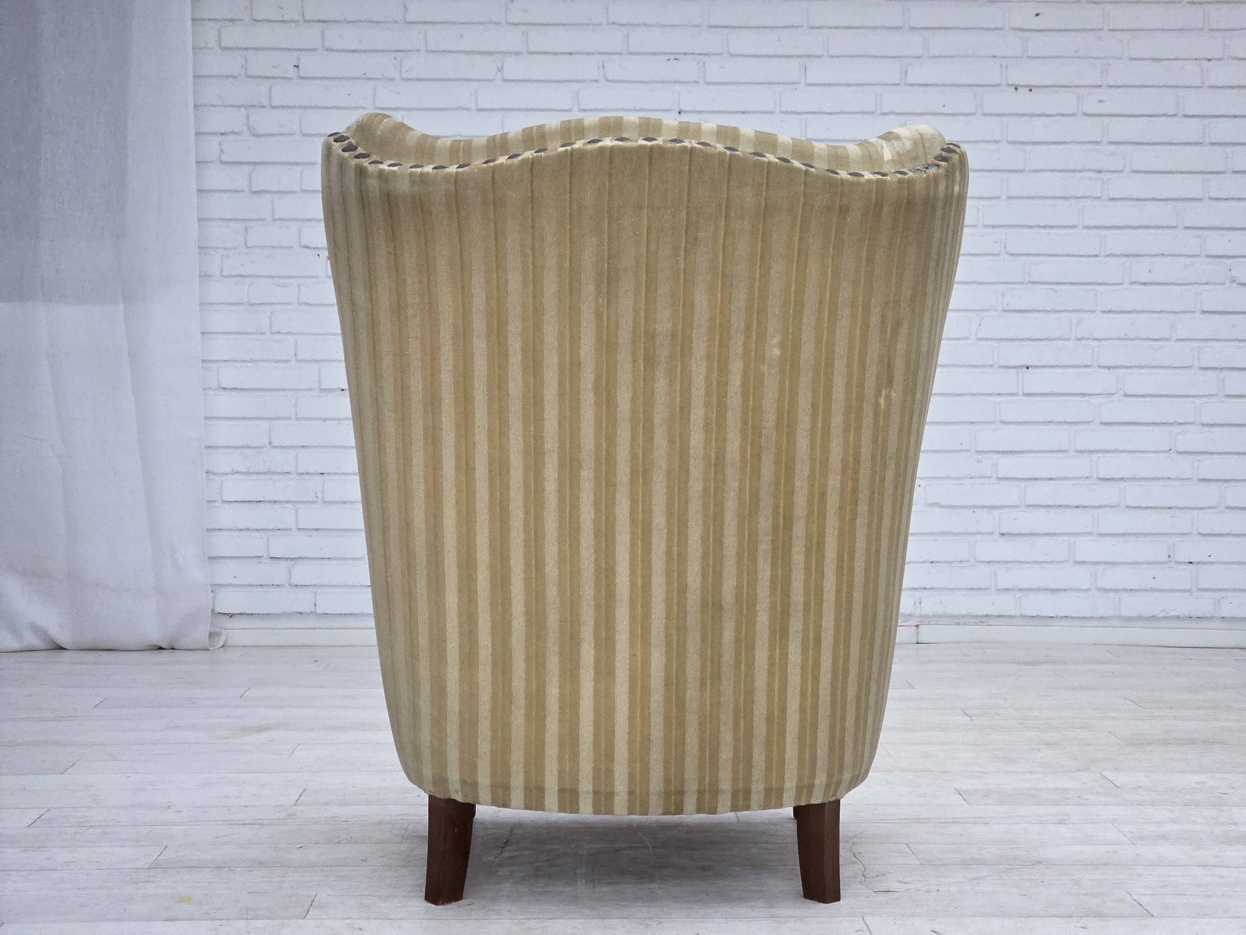 1960s, Danish armchair, light green furniture velour, beech wood.