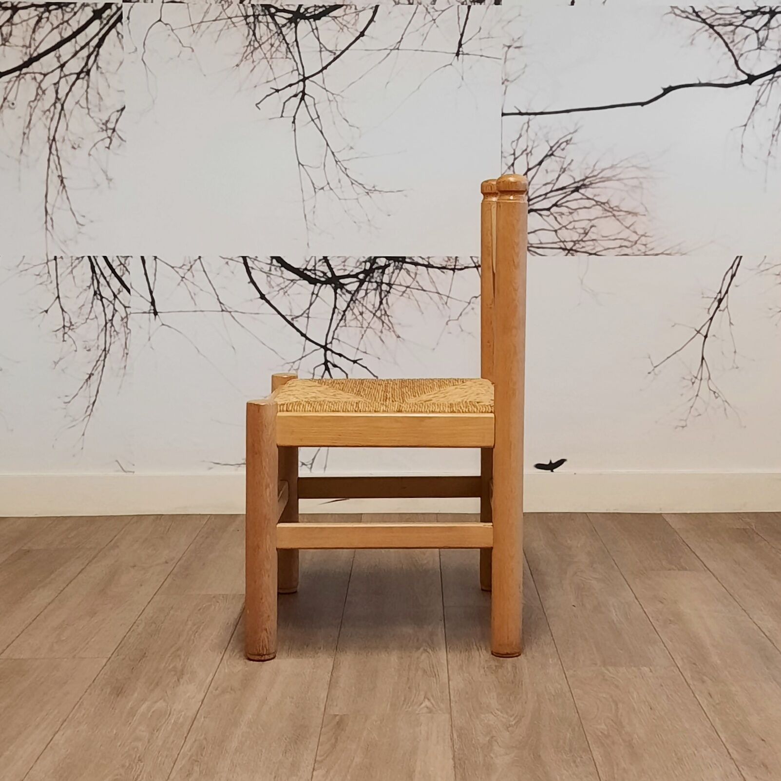 Set of 4 wood and rush chairs, 1970s